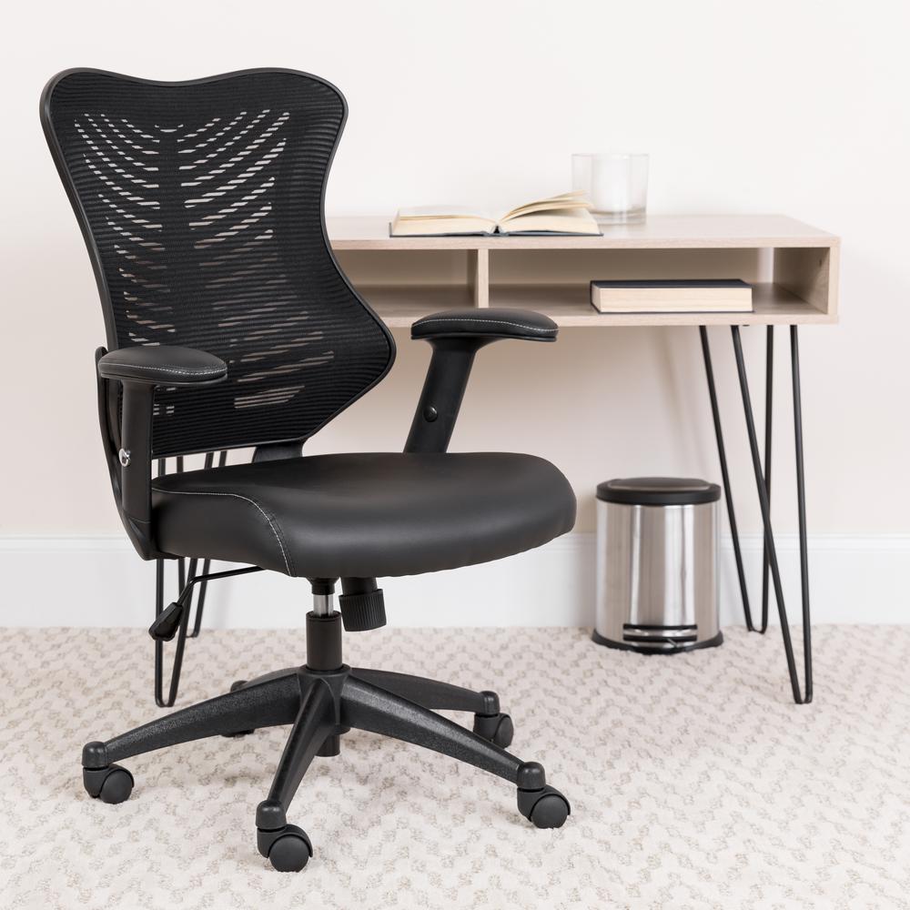 High Back Designer Black Mesh Executive Swivel Ergonomic Office Chair with LeatherSoft Seat and Adjustable Arms. Picture 9