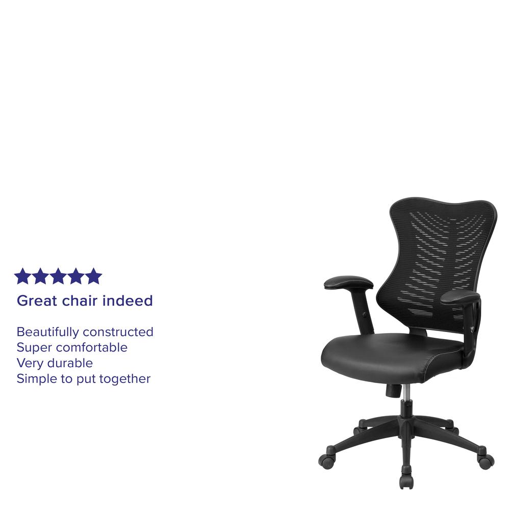 High Back Designer Black Mesh Executive Swivel Ergonomic Office Chair with LeatherSoft Seat and Adjustable Arms. Picture 10