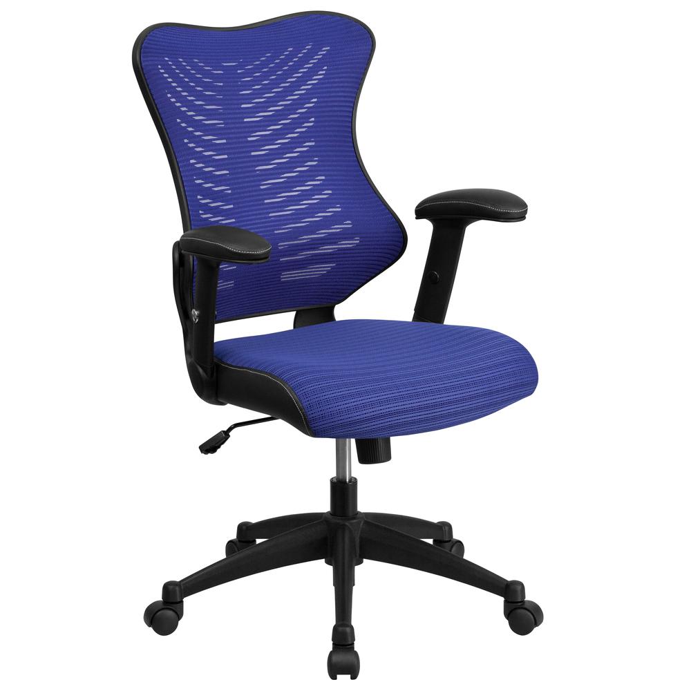 High Back Designer Blue Mesh Executive Swivel Ergonomic Office Chair with Adjustable Arms. Picture 1