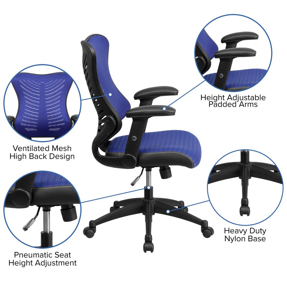 High Back Designer Blue Mesh Executive Swivel Ergonomic Office Chair with Adjustable Arms. Picture 6