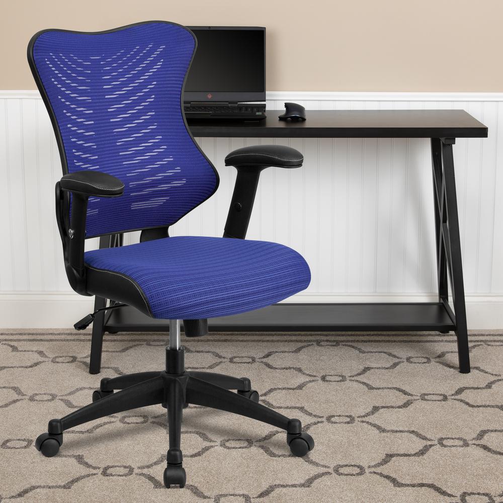 High Back Designer Blue Mesh Executive Swivel Ergonomic Office Chair with Adjustable Arms. Picture 9