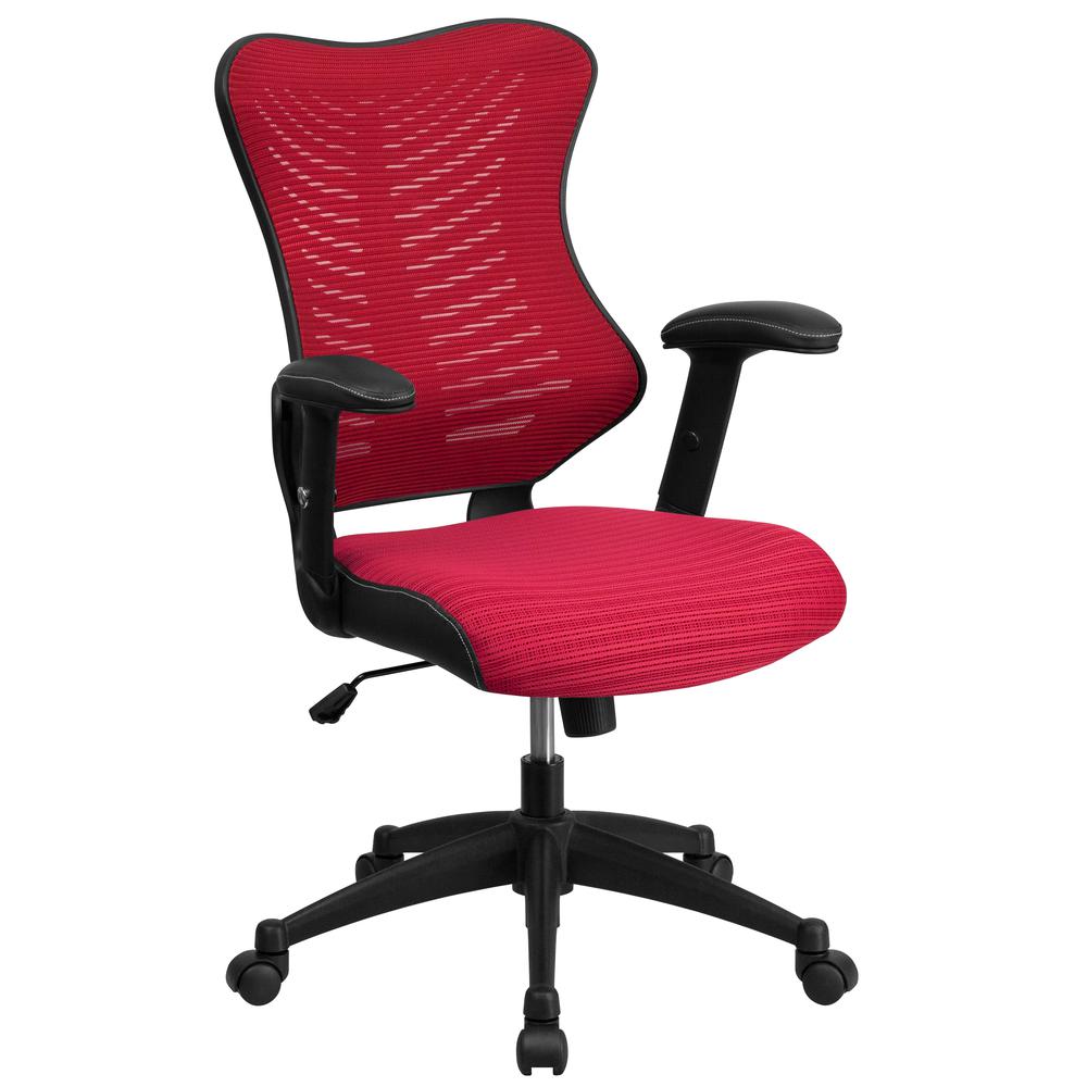High Back Designer Burgundy Mesh Executive Swivel Ergonomic Office Chair with Adjustable Arms. Picture 1