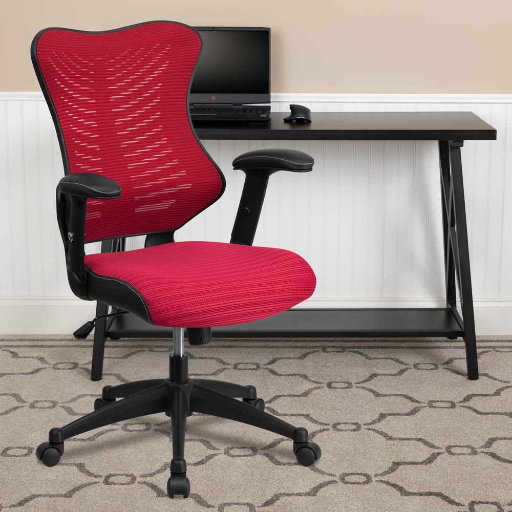 High Back Designer Burgundy Mesh Executive Swivel Ergonomic Office Chair with Adjustable Arms. Picture 6