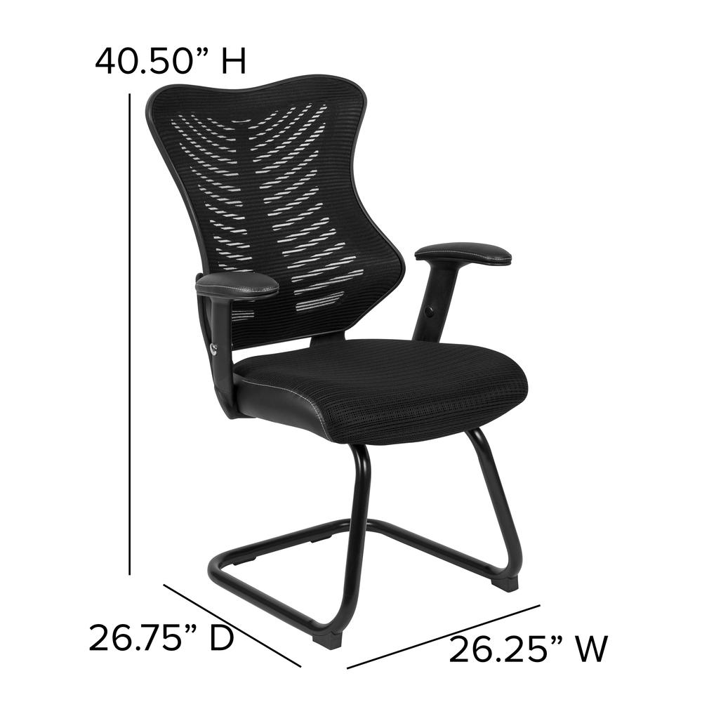 Designer Black Mesh Sled Base Side Reception Chair with Adjustable Arms. Picture 2