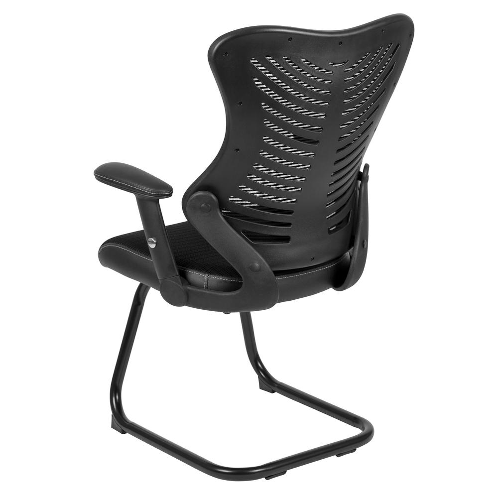 Designer Black Mesh Sled Base Side Reception Chair with Adjustable Arms. Picture 4