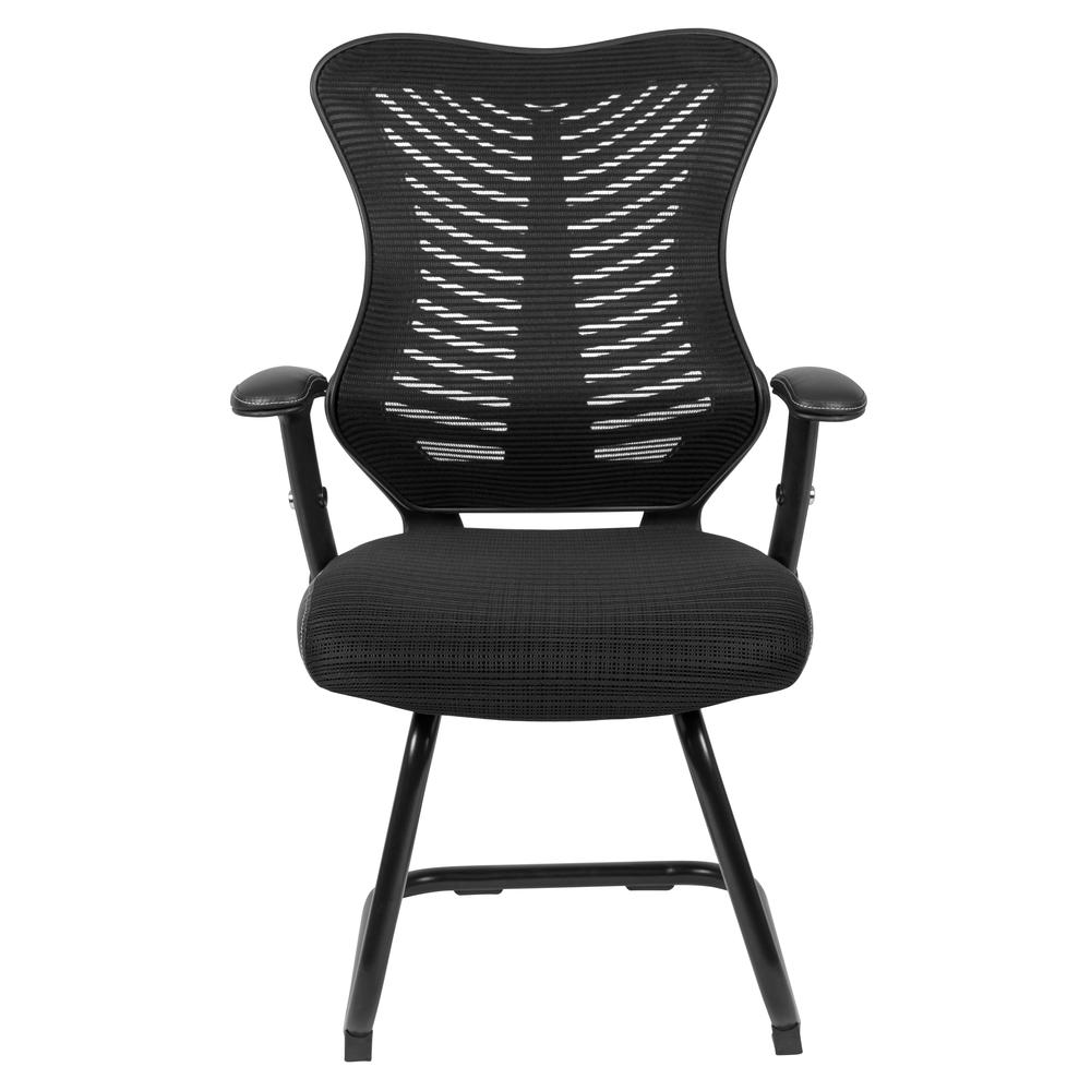 Designer Black Mesh Sled Base Side Reception Chair with Adjustable Arms. Picture 5