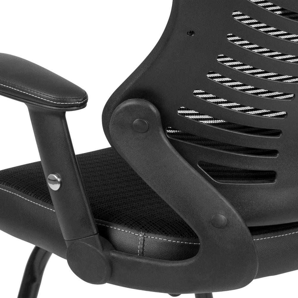 Designer Black Mesh Sled Base Side Reception Chair with Adjustable Arms. Picture 8