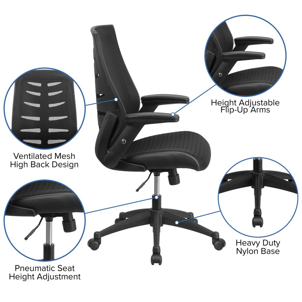 High Back Designer Black Mesh Executive Swivel Ergonomic Office Chair with Height Adjustable Flip-Up Arms. Picture 6