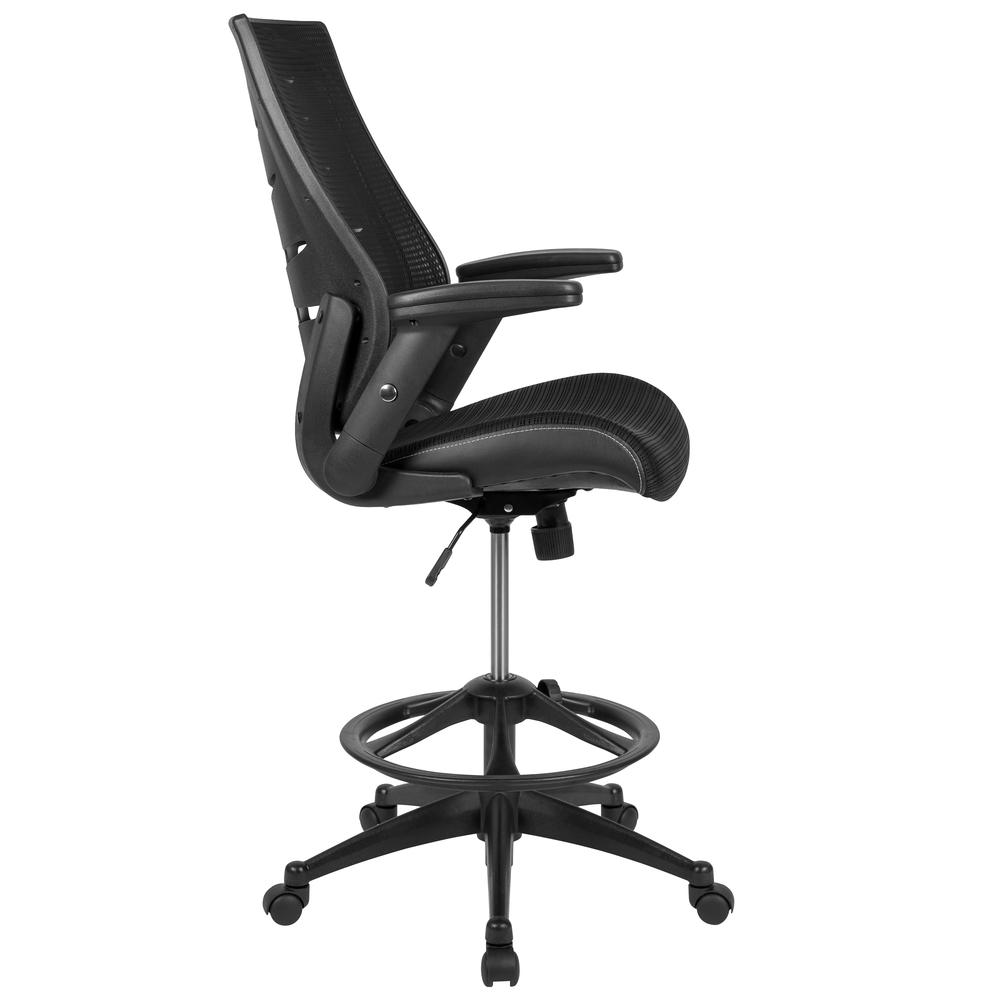 High Back Black Mesh Spine-Back Ergonomic Drafting Chair with Adjustable Foot Ring and Adjustable Flip-Up Arms. Picture 3