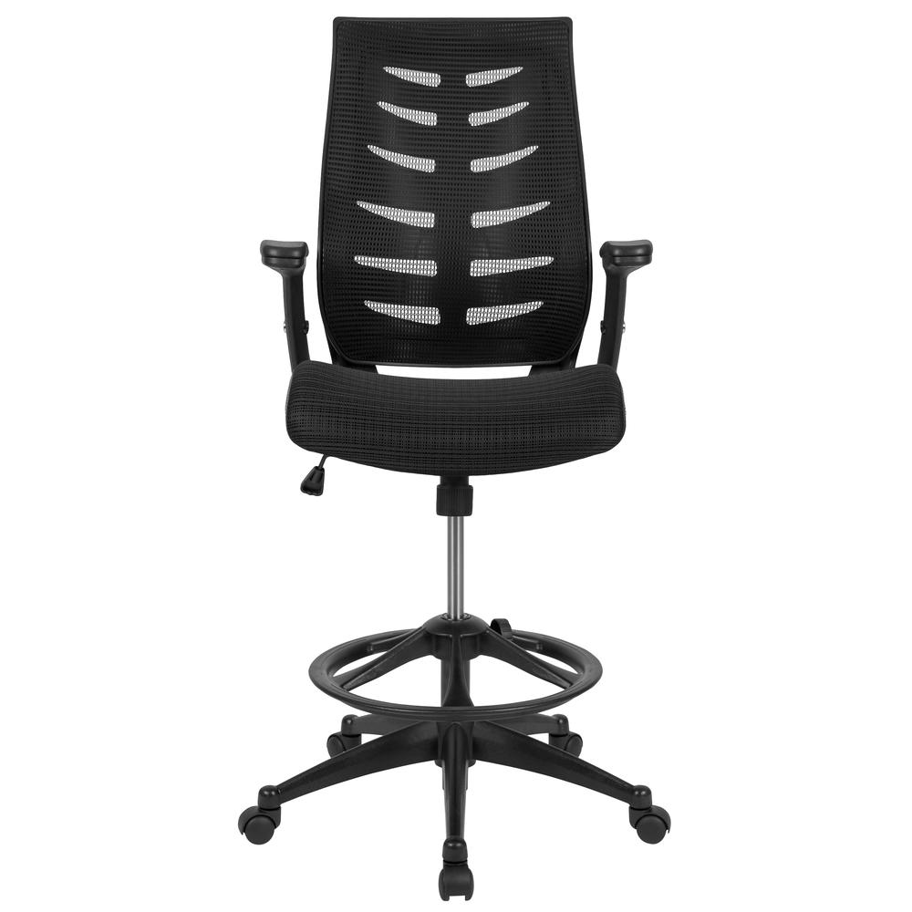 High Back Black Mesh Spine-Back Ergonomic Drafting Chair with Adjustable Foot Ring and Adjustable Flip-Up Arms. Picture 5