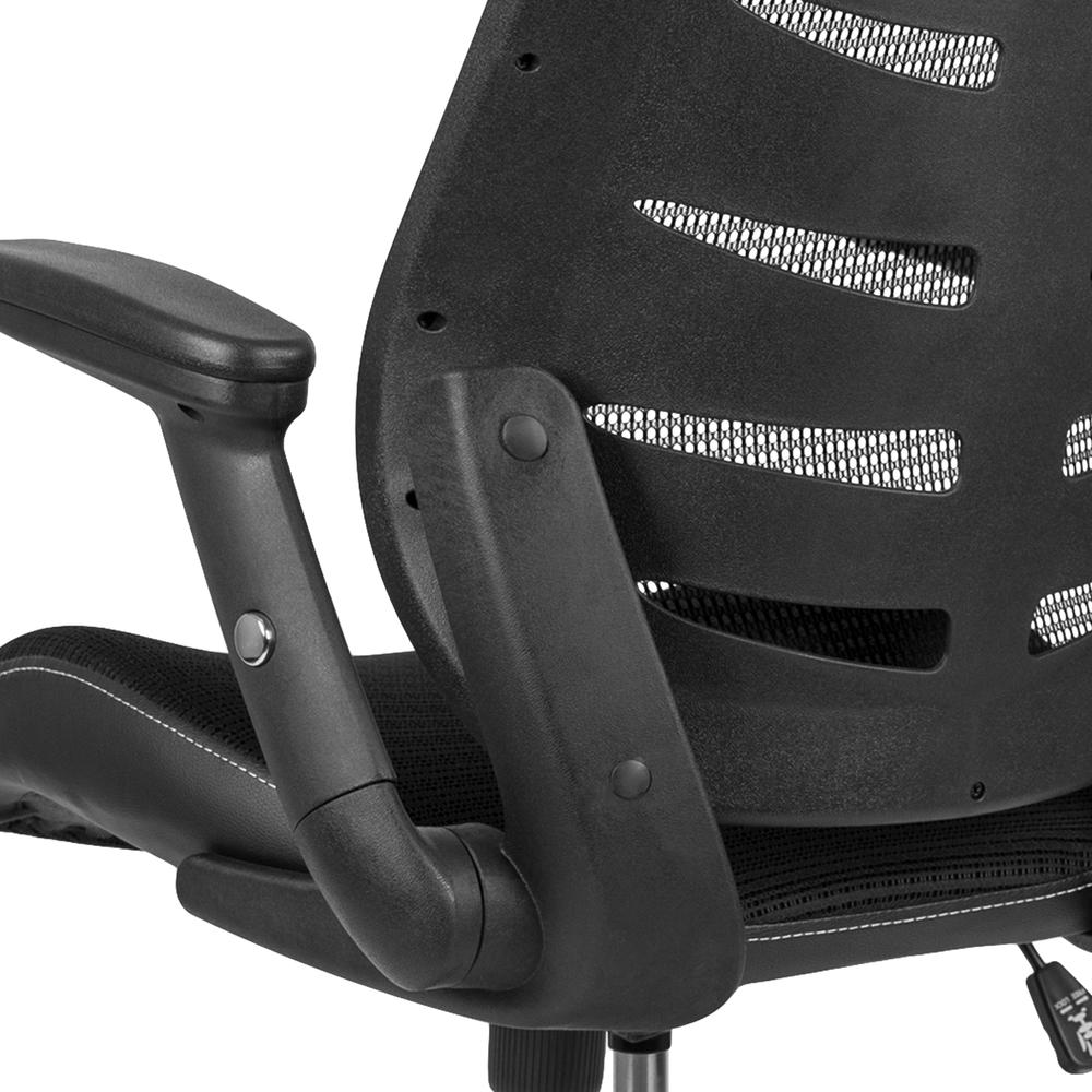 High Back Black Mesh Spine-Back Ergonomic Drafting Chair with Adjustable Foot Ring and Adjustable Flip-Up Arms. Picture 8