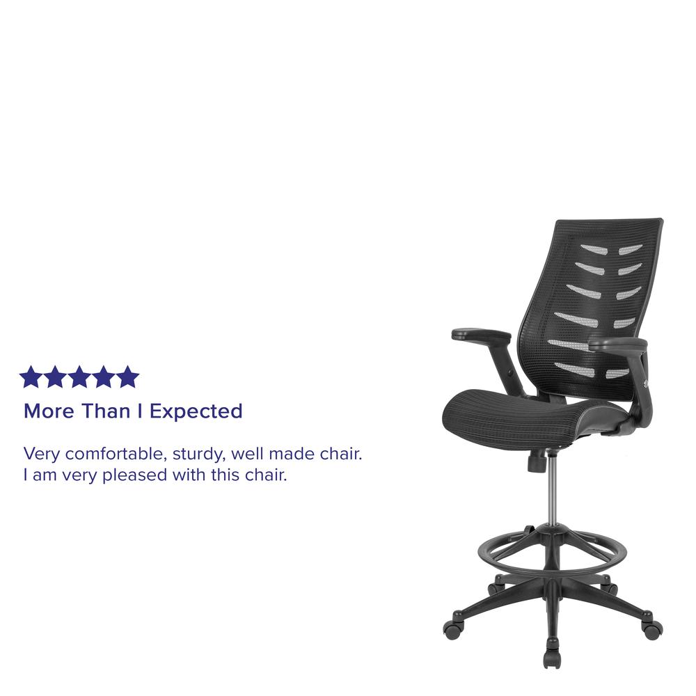 High Back Black Mesh Spine-Back Ergonomic Drafting Chair with Adjustable Foot Ring and Adjustable Flip-Up Arms. Picture 12