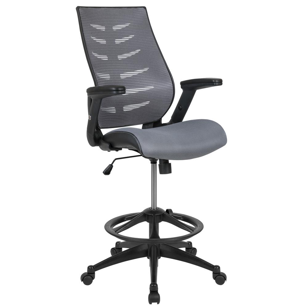 High Back Dark Gray Mesh Spine-Back Ergonomic Drafting Chair with Adjustable Foot Ring and Adjustable Flip-Up Arms. Picture 1
