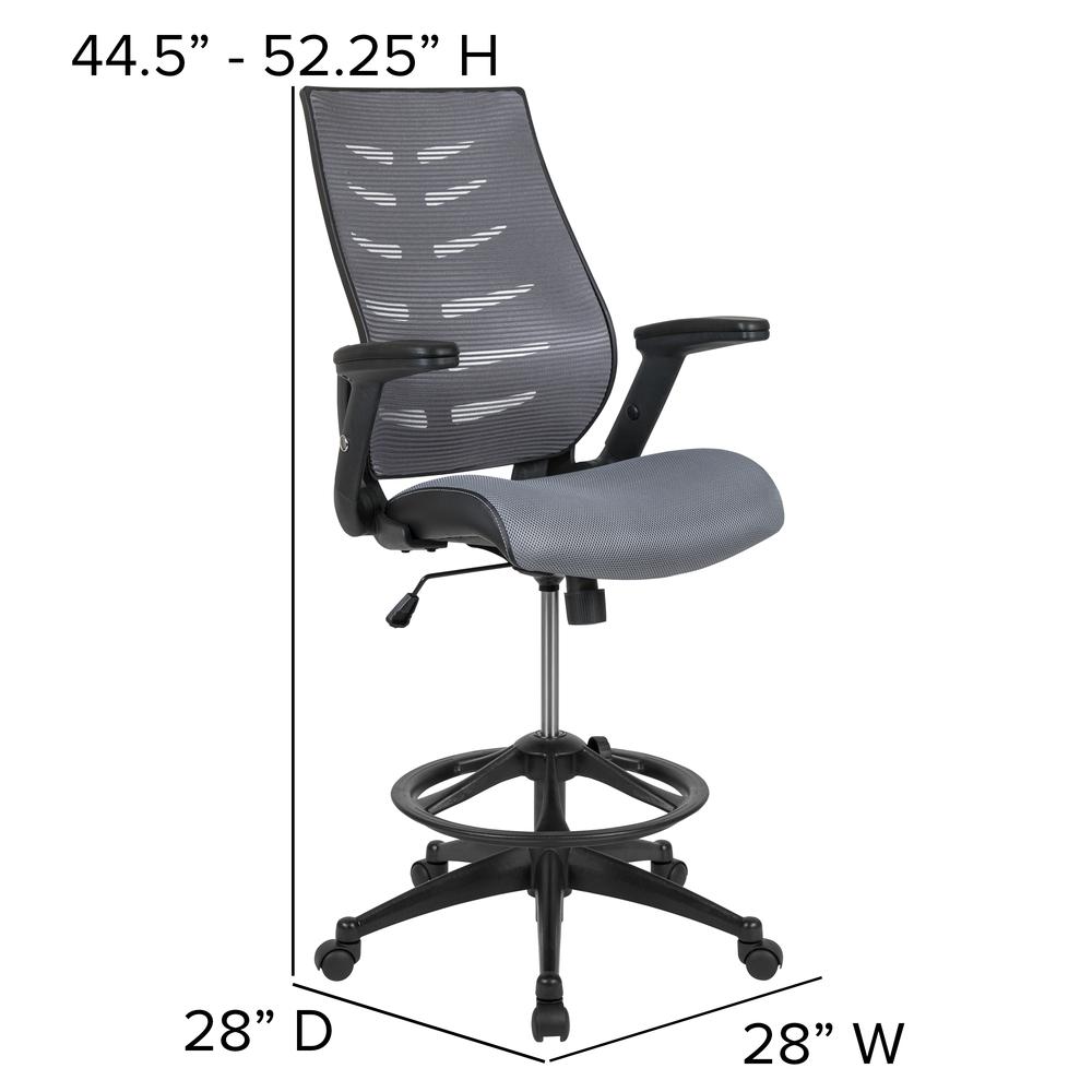 High Back Dark Gray Mesh Spine-Back Ergonomic Drafting Chair with Adjustable Foot Ring and Adjustable Flip-Up Arms. Picture 2