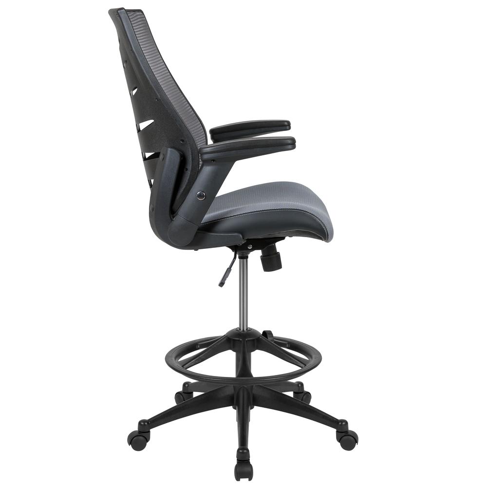 High Back Dark Gray Mesh Spine-Back Ergonomic Drafting Chair with Adjustable Foot Ring and Adjustable Flip-Up Arms. Picture 3