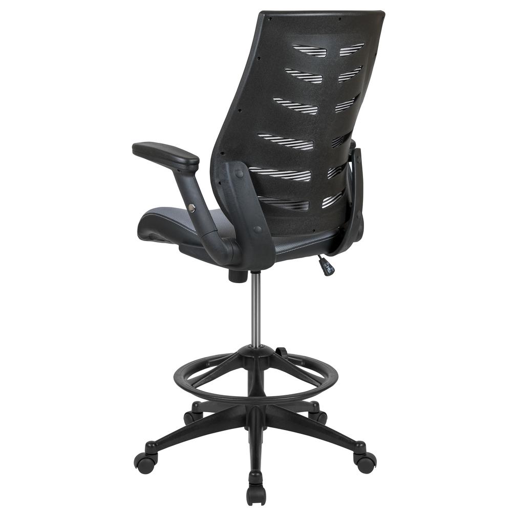 High Back Dark Gray Mesh Spine-Back Ergonomic Drafting Chair with Adjustable Foot Ring and Adjustable Flip-Up Arms. Picture 4