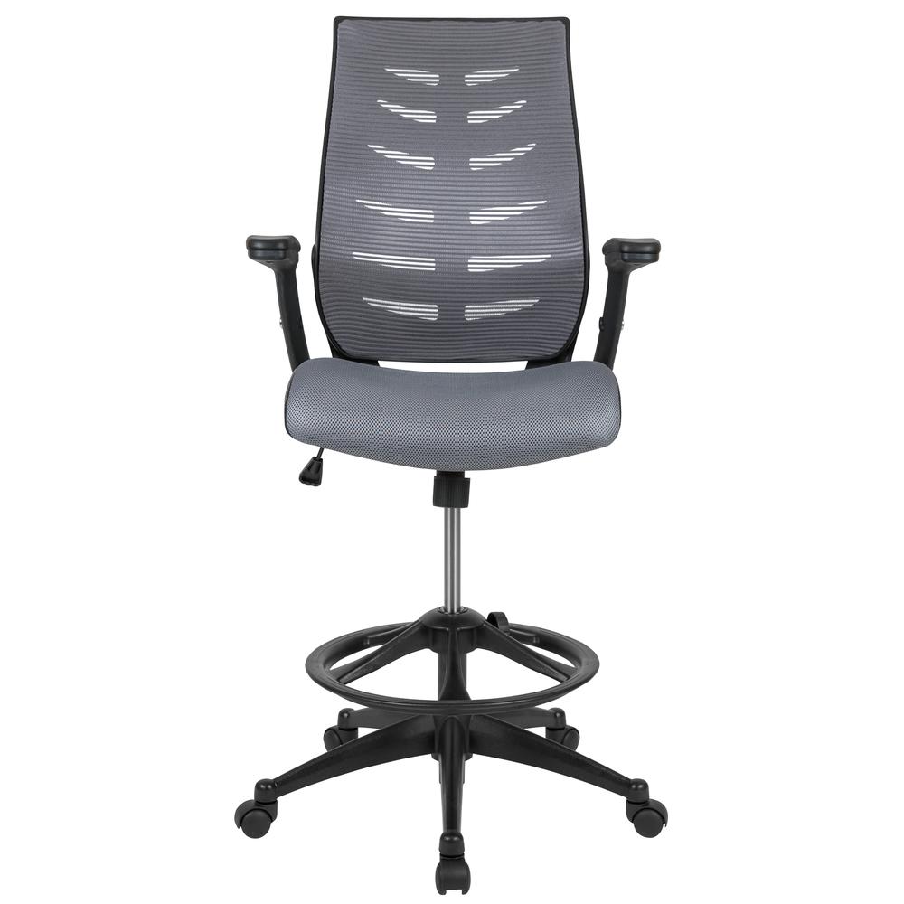High Back Dark Gray Mesh Spine-Back Ergonomic Drafting Chair with Adjustable Foot Ring and Adjustable Flip-Up Arms. Picture 5
