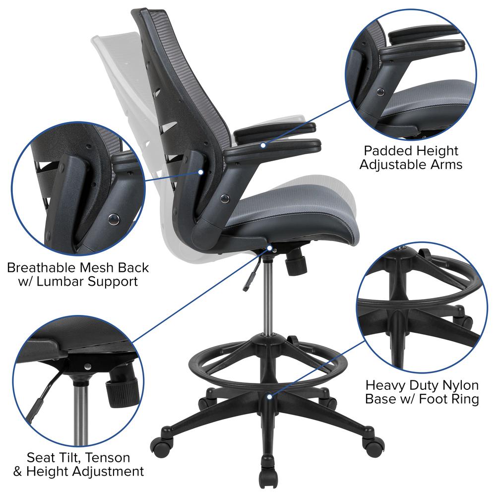 High Back Dark Gray Mesh Spine-Back Ergonomic Drafting Chair with Adjustable Foot Ring and Adjustable Flip-Up Arms. Picture 6