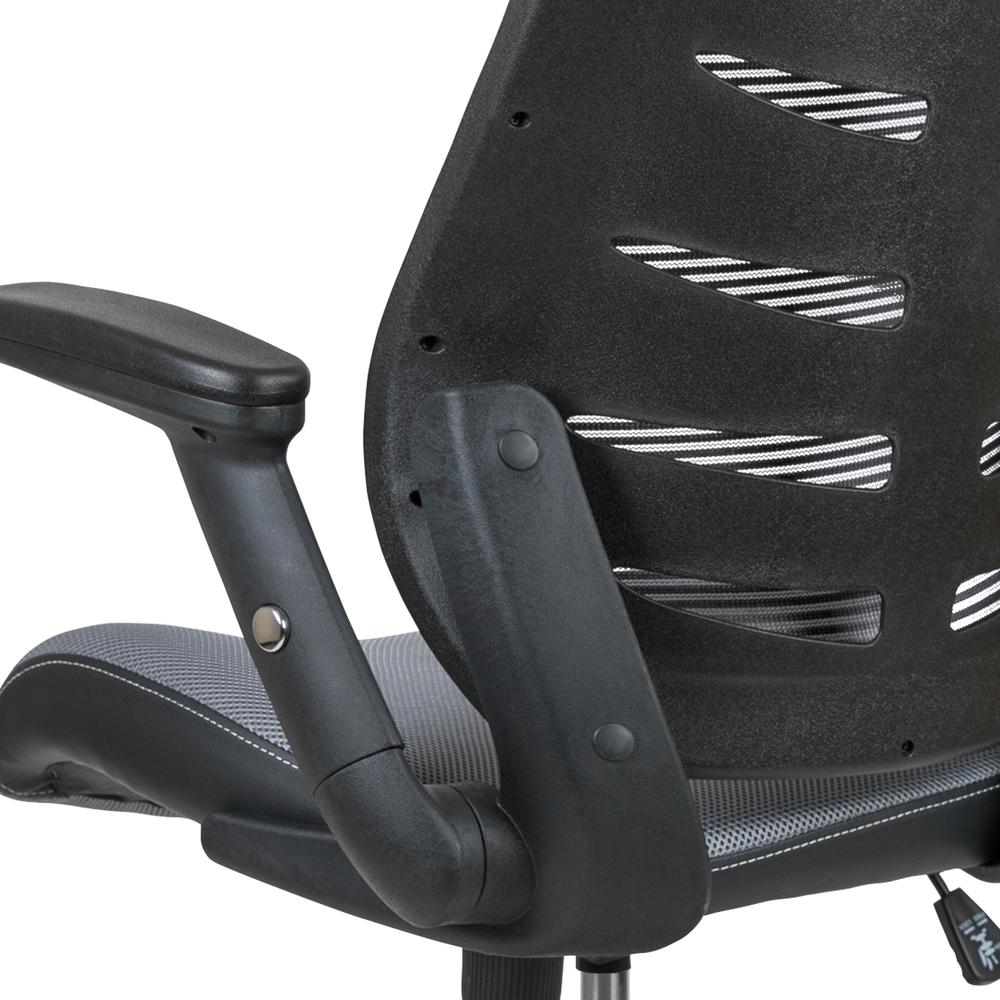 High Back Dark Gray Mesh Spine-Back Ergonomic Drafting Chair with Adjustable Foot Ring and Adjustable Flip-Up Arms. Picture 8