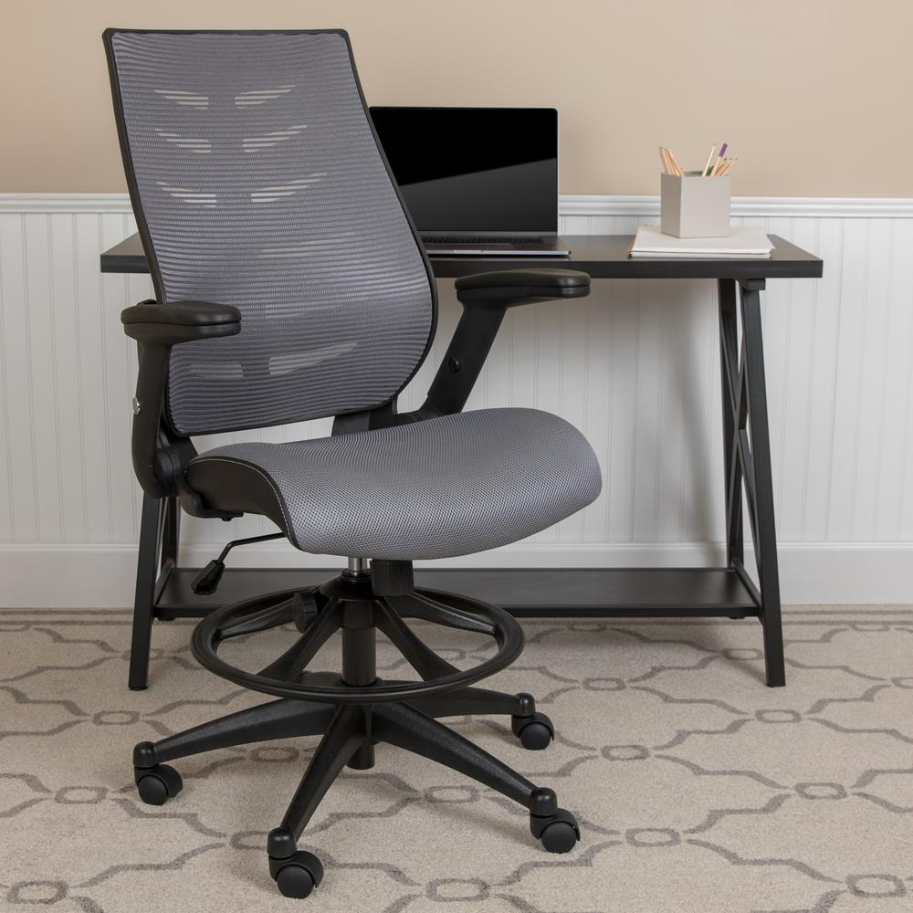 High Back Dark Gray Mesh Spine-Back Ergonomic Drafting Chair with Adjustable Foot Ring and Adjustable Flip-Up Arms. Picture 11