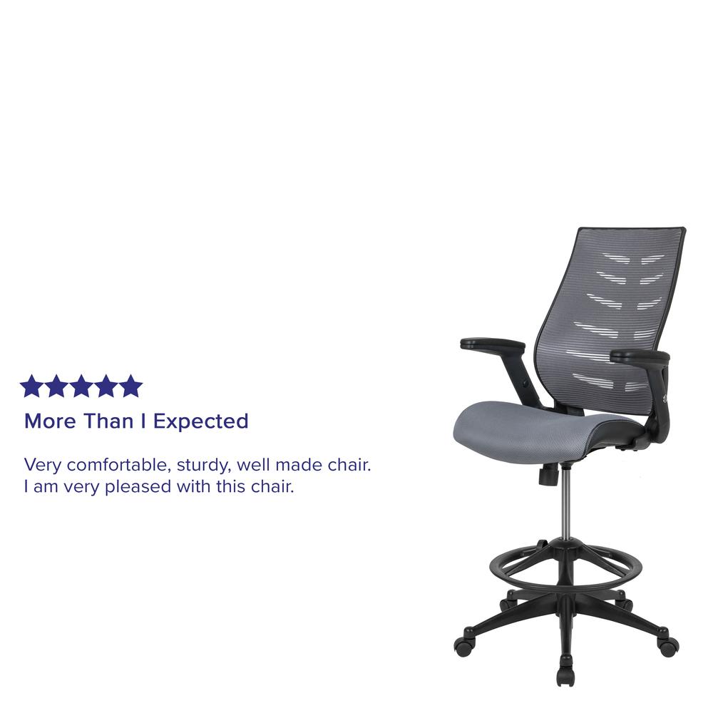 High Back Dark Gray Mesh Spine-Back Ergonomic Drafting Chair with Adjustable Foot Ring and Adjustable Flip-Up Arms. Picture 12