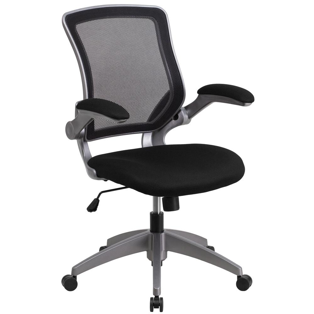 Mid-Back Black Mesh Swivel Ergonomic Task Office Chair with Gray Frame and Flip-Up Arms. Picture 1