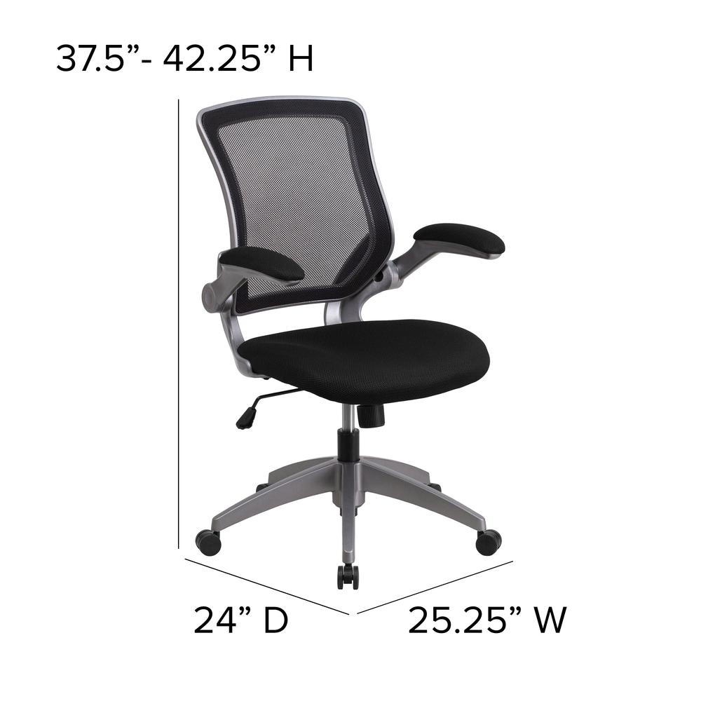 Mid-Back Black Mesh Swivel Ergonomic Task Office Chair with Gray Frame and Flip-Up Arms. Picture 2