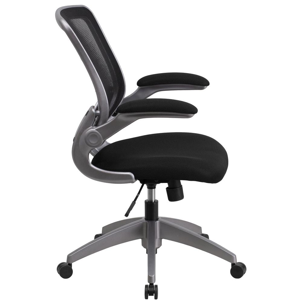 Mid-Back Black Mesh Swivel Ergonomic Task Office Chair with Gray Frame and Flip-Up Arms. Picture 3