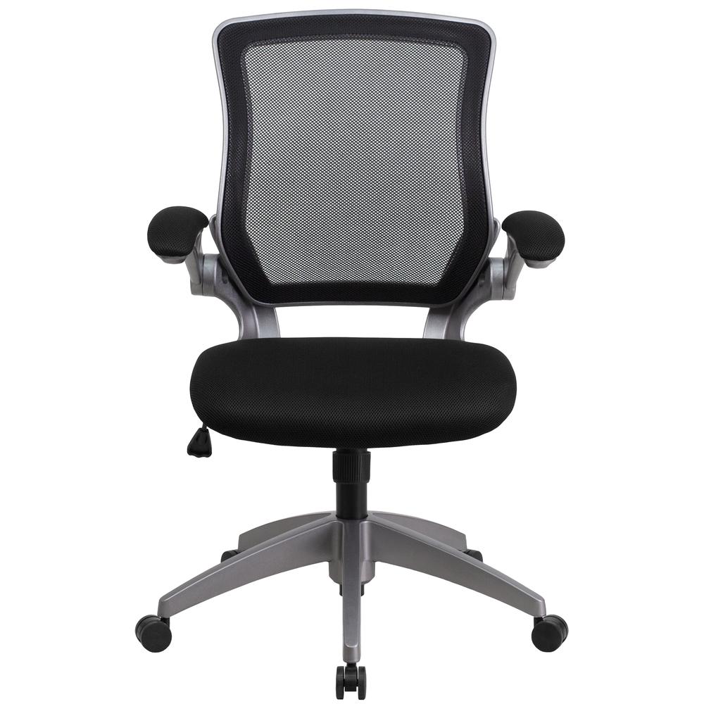 Mid-Back Black Mesh Swivel Ergonomic Task Office Chair with Gray Frame and Flip-Up Arms. Picture 5