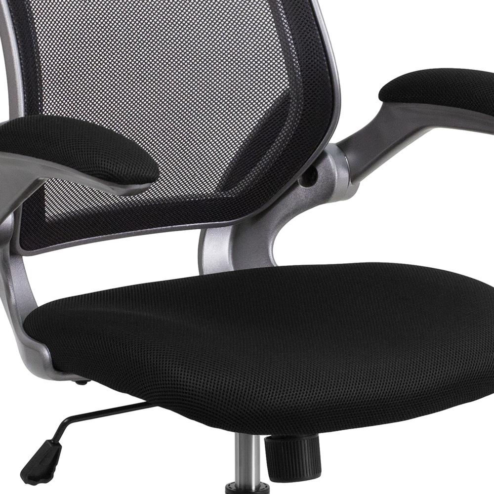 Mid-Back Black Mesh Swivel Ergonomic Task Office Chair with Gray Frame and Flip-Up Arms. Picture 7