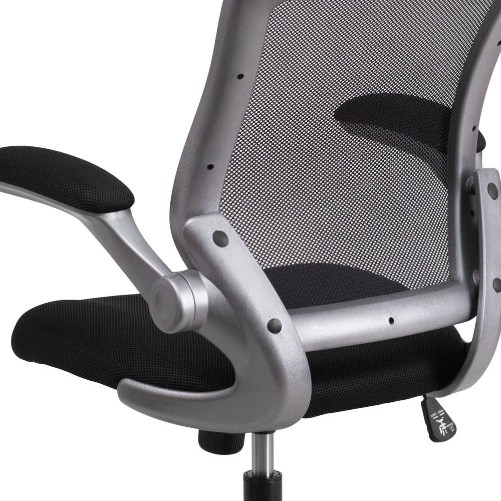Mid-Back Black Mesh Swivel Ergonomic Task Office Chair with Gray Frame and Flip-Up Arms. Picture 8