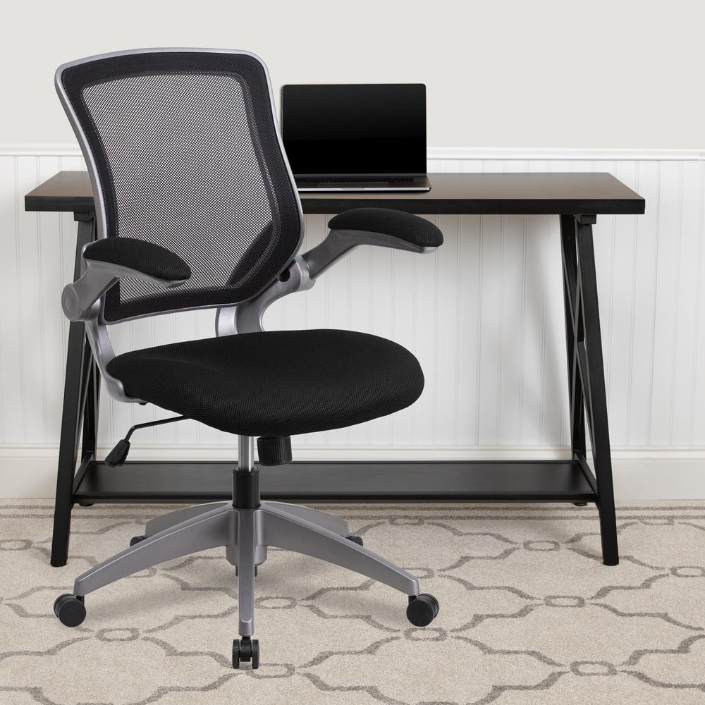 Mid-Back Black Mesh Swivel Ergonomic Task Office Chair with Gray Frame and Flip-Up Arms. Picture 9