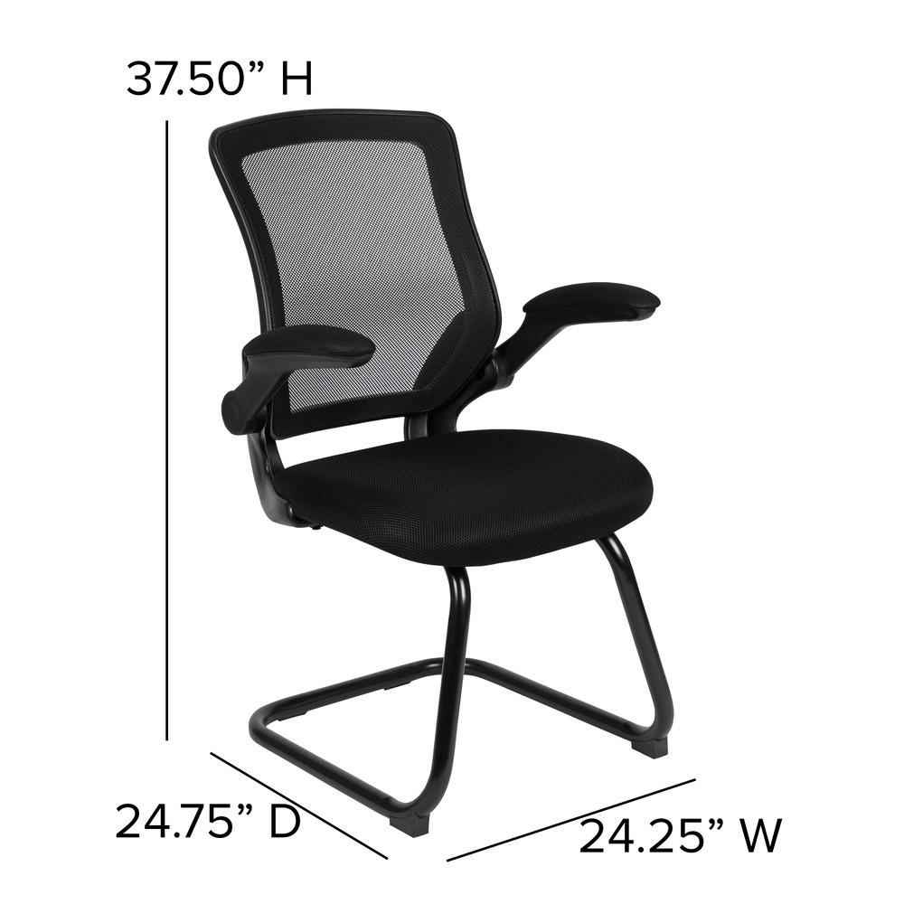 Black Mesh Sled Base Side Reception Chair with Flip-Up Arms. Picture 2