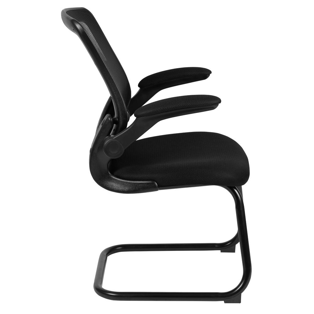 Black Mesh Sled Base Side Reception Chair with Flip-Up Arms. Picture 3