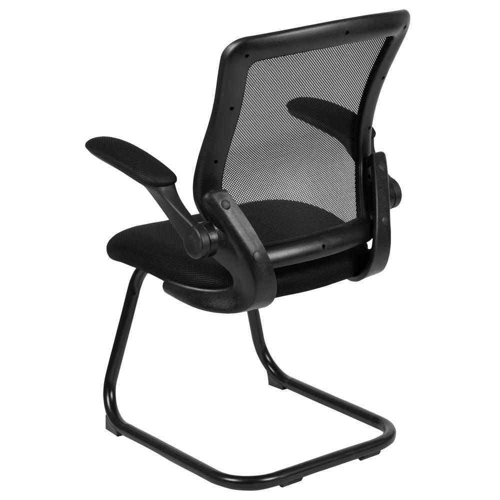 Black Mesh Sled Base Side Reception Chair with Flip-Up Arms. Picture 4