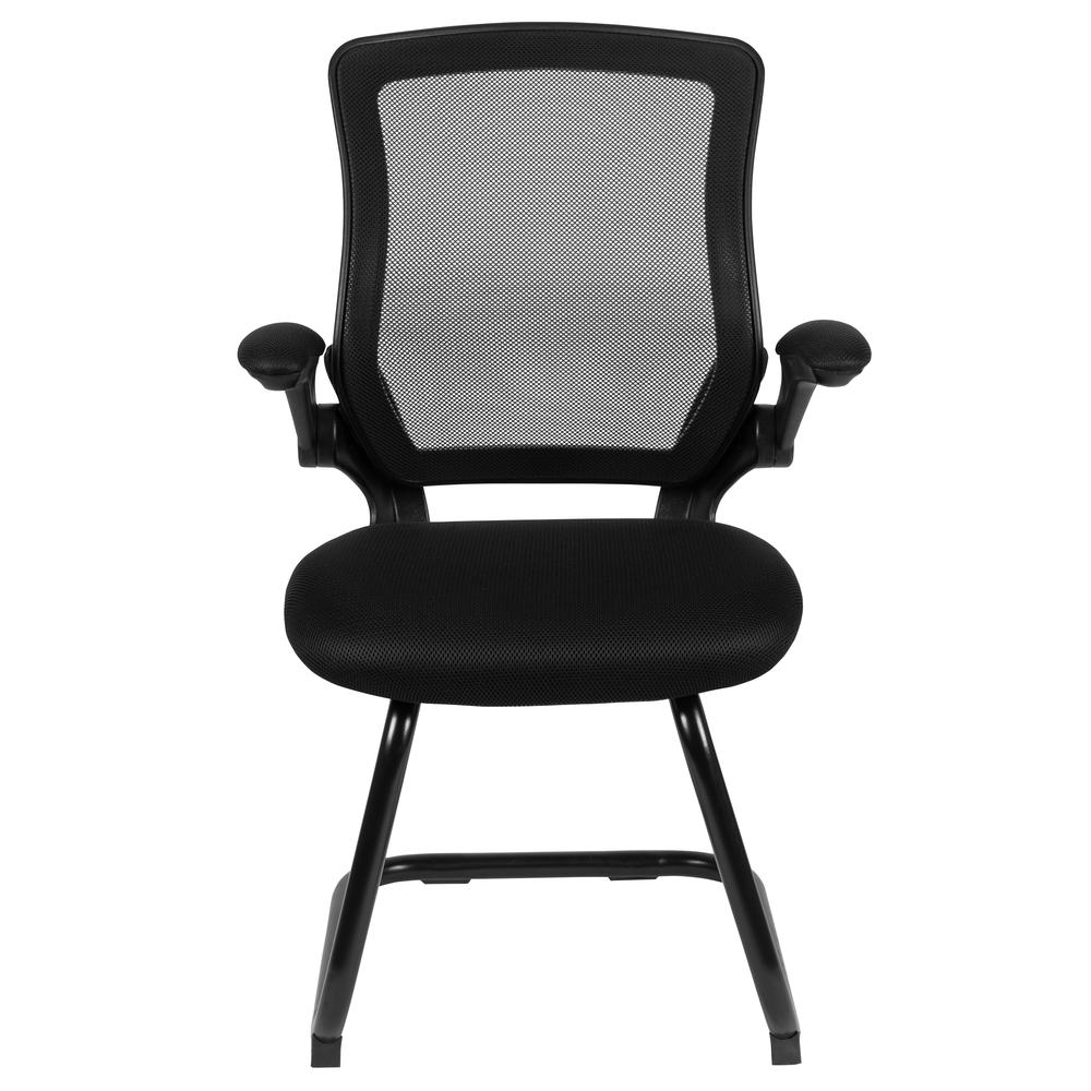 Black Mesh Sled Base Side Reception Chair with Flip-Up Arms. Picture 5