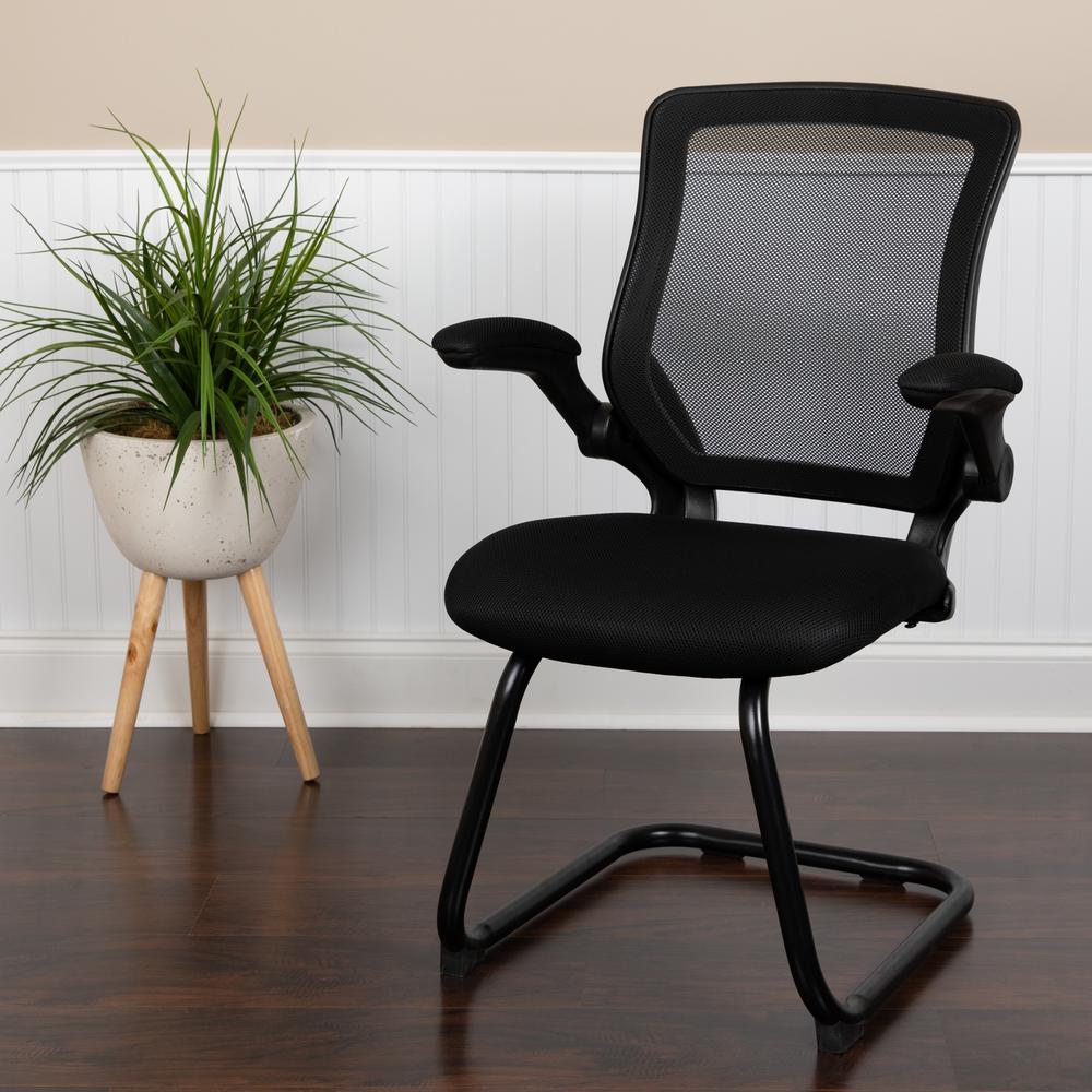 Black Mesh Sled Base Side Reception Chair with Flip-Up Arms. Picture 11