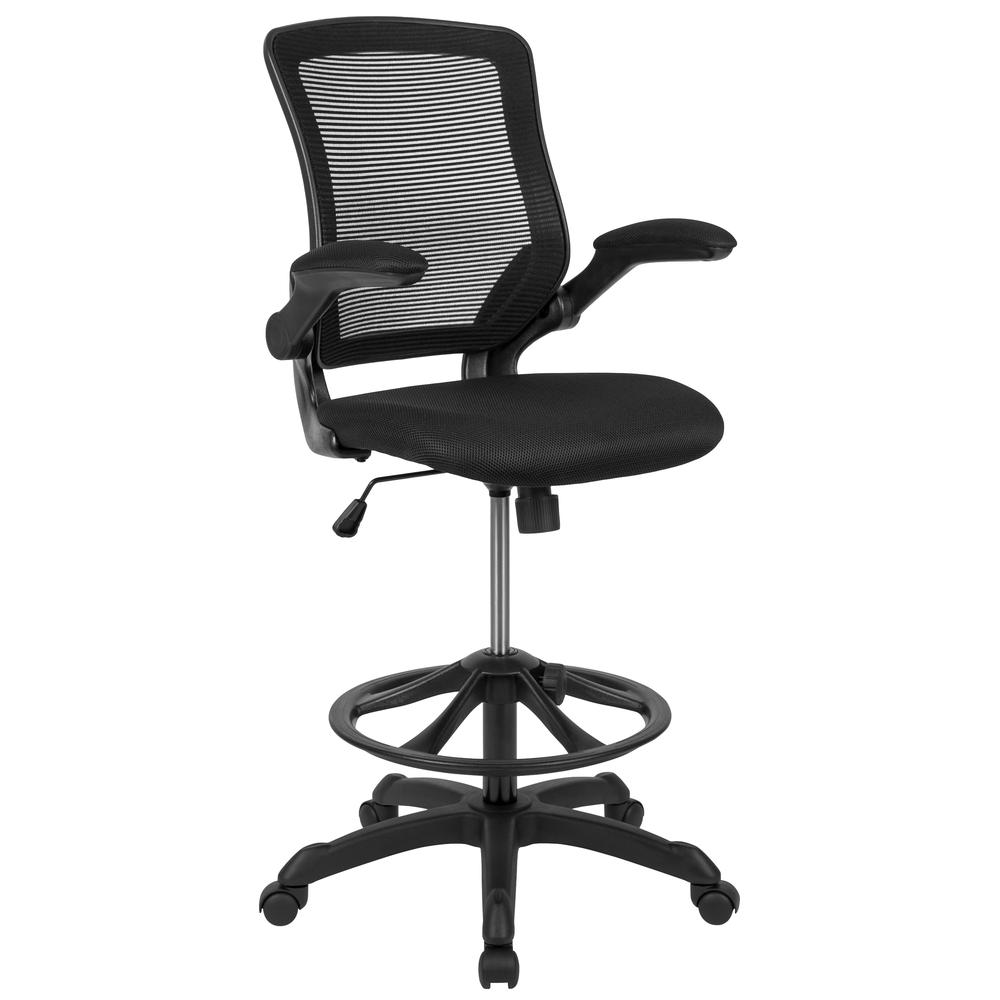 MidBack Black Mesh Ergonomic Drafting Chair with Adjustable Foot Ring and Flip-Up Arms. Picture 1