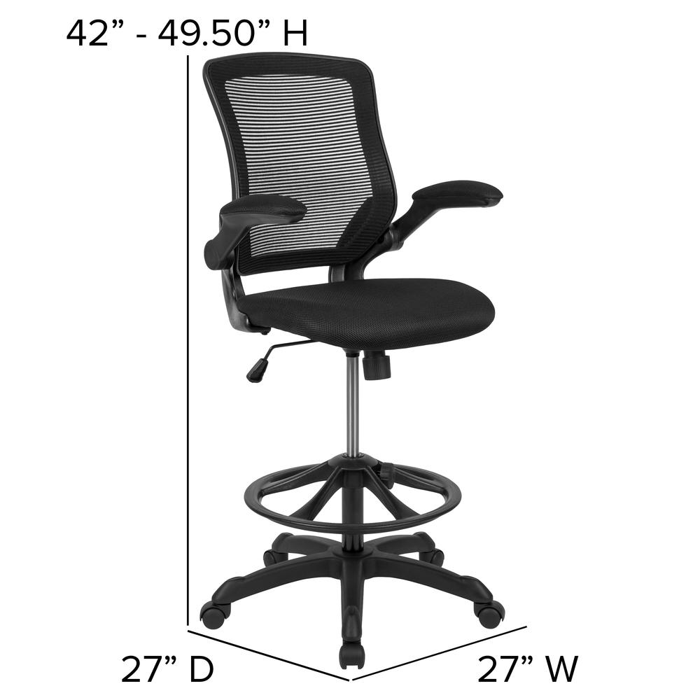 Mid-Back Black Mesh Ergonomic Drafting Chair with Adjustable Foot Ring and Flip-Up Arms. Picture 2