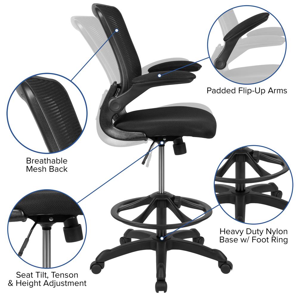Mid-Back Black Mesh Ergonomic Drafting Chair with Adjustable Foot Ring and Flip-Up Arms. Picture 6