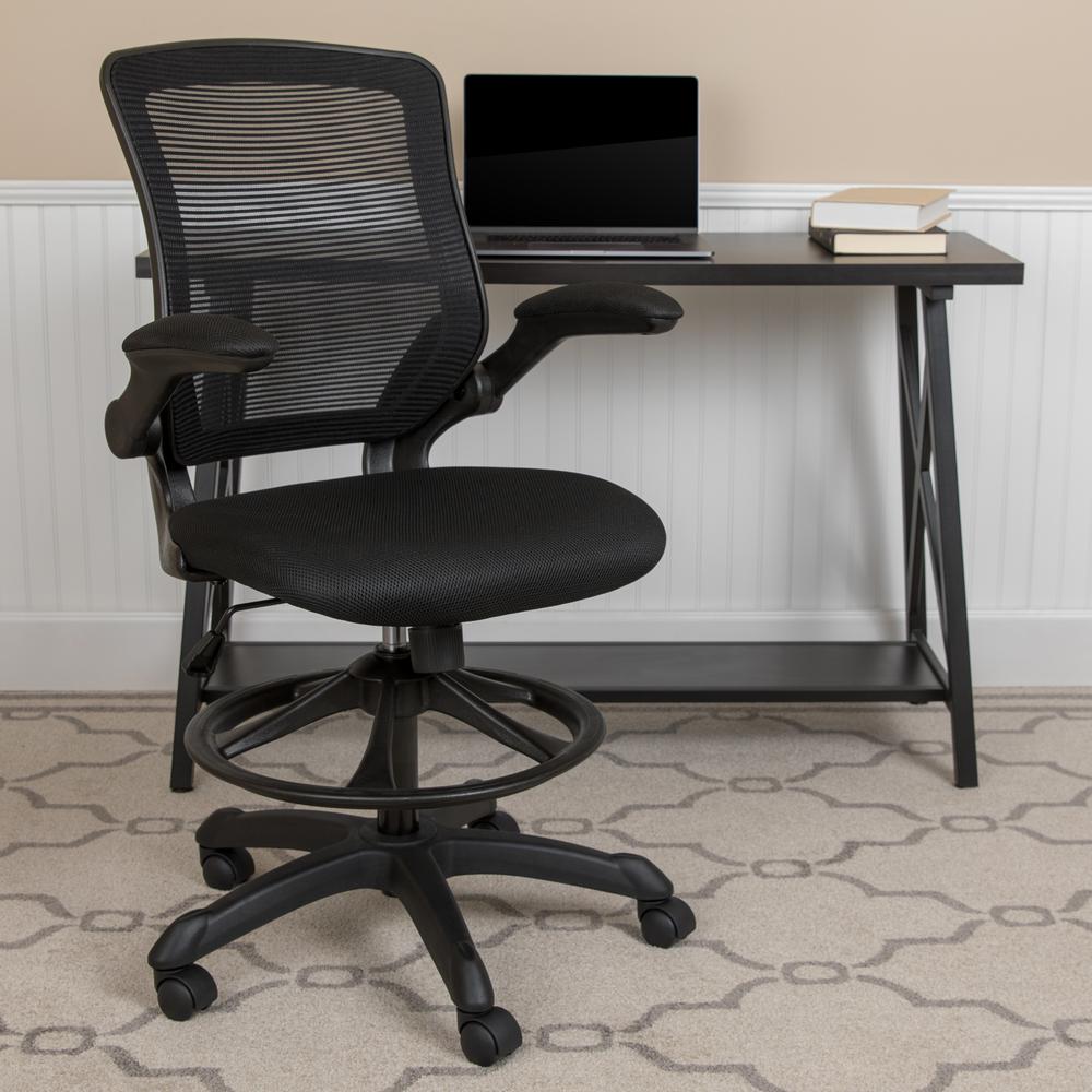 Mid-Back Black Mesh Ergonomic Drafting Chair with Adjustable Foot Ring and Flip-Up Arms. Picture 11