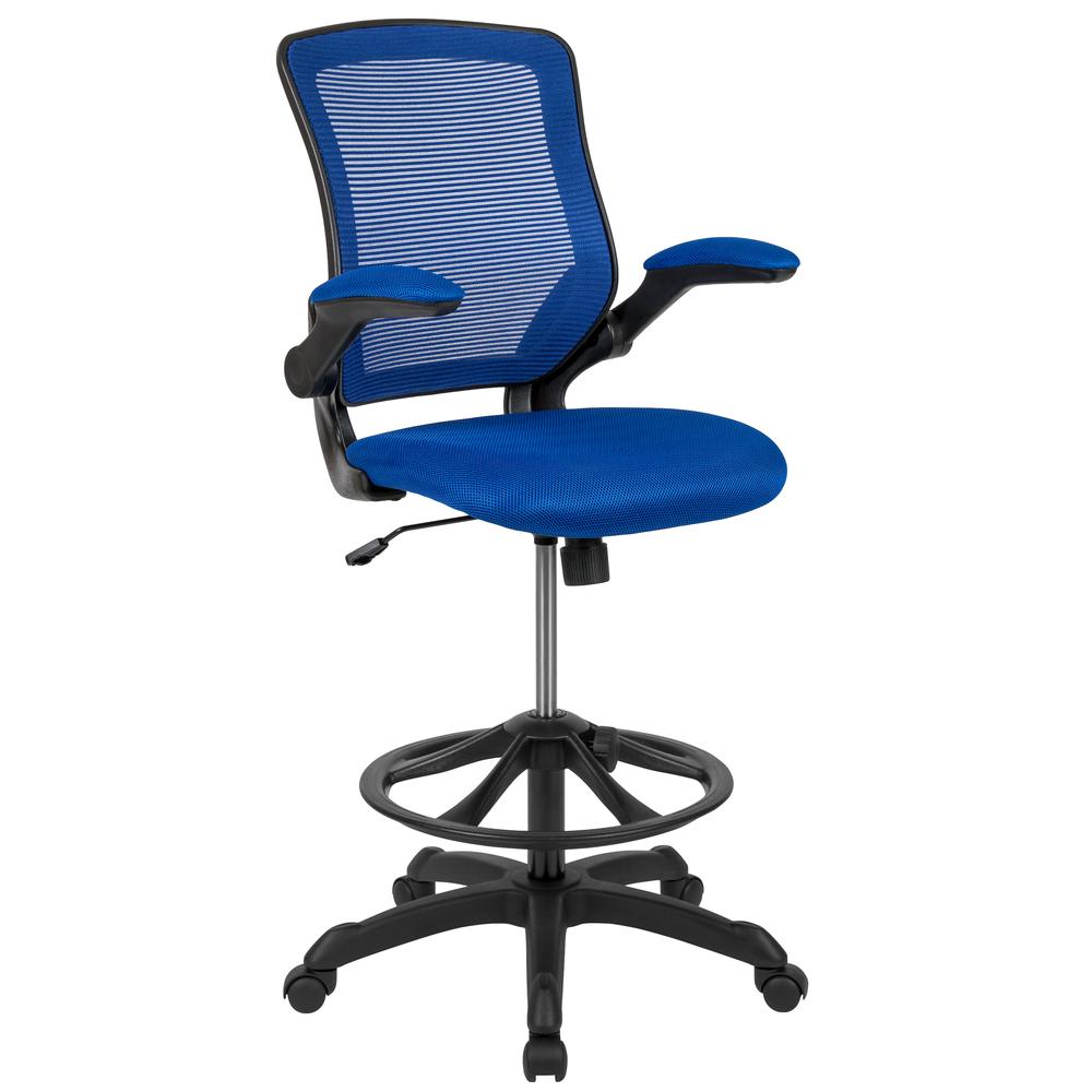 Mid-Back Blue Mesh Ergonomic Drafting Chair with Adjustable Foot Ring and Flip-Up Arms. The main picture.