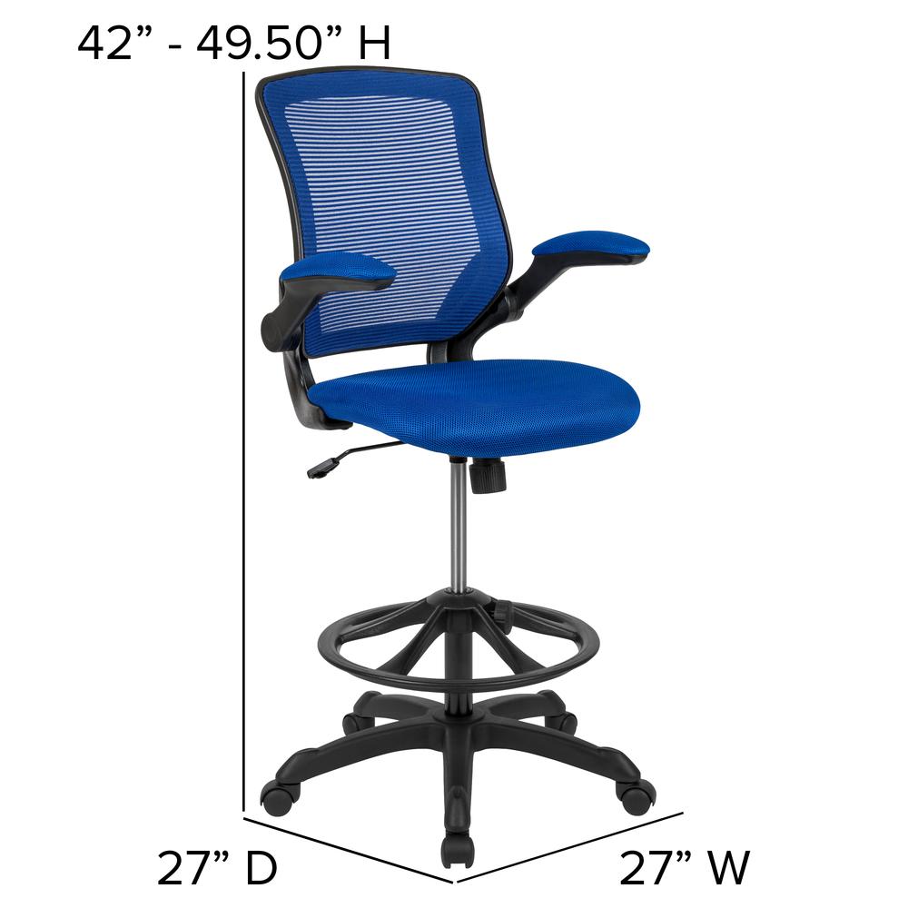 MidBack Blue Mesh Ergonomic Drafting Chair with Adjustable Foot Ring and Flip-Up Arms. Picture 4