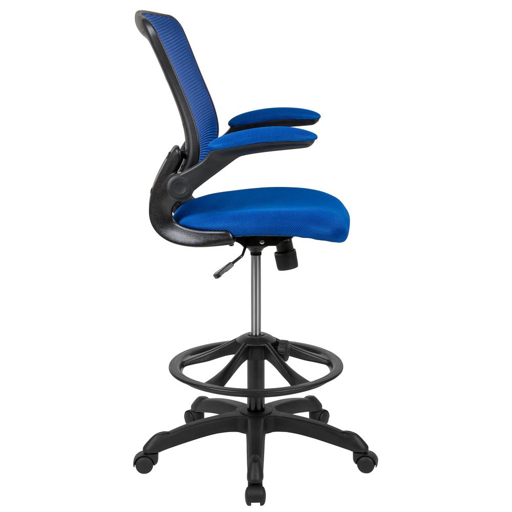 Mid-Back Blue Mesh Ergonomic Drafting Chair with Adjustable Foot Ring and Flip-Up Arms. Picture 3