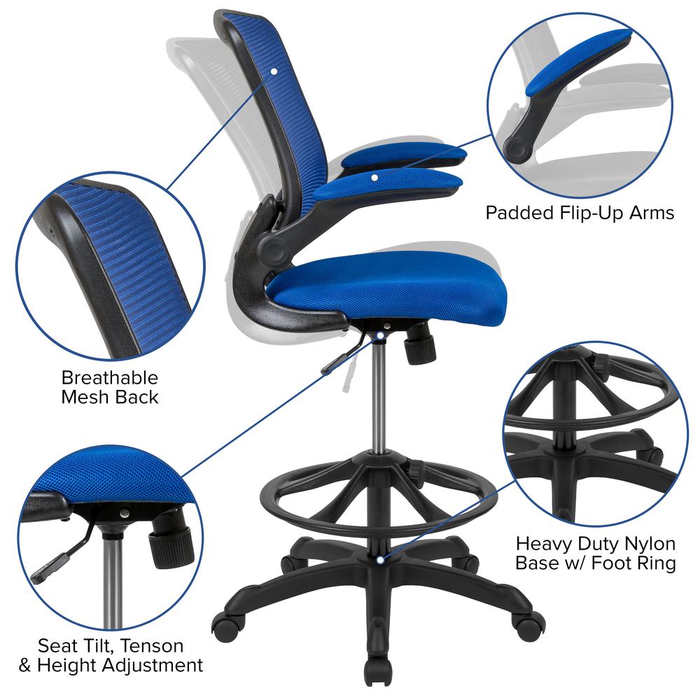 Mid-Back Blue Mesh Ergonomic Drafting Chair with Adjustable Foot Ring and Flip-Up Arms. Picture 6