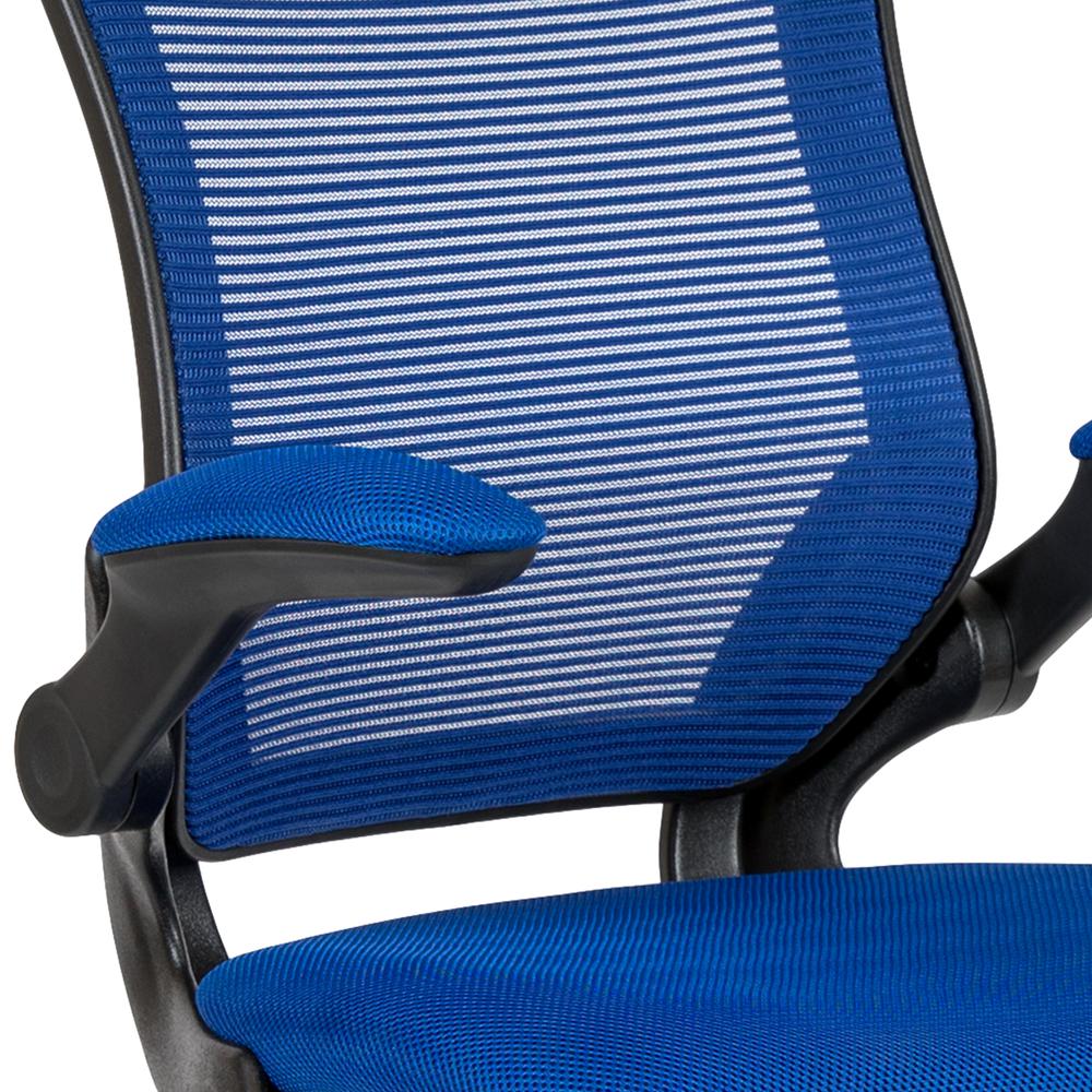 Mid-Back Blue Mesh Ergonomic Drafting Chair with Adjustable Foot Ring and Flip-Up Arms. Picture 7