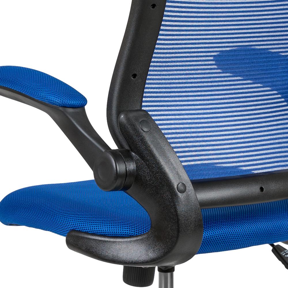 Mid-Back Blue Mesh Ergonomic Drafting Chair with Adjustable Foot Ring and Flip-Up Arms. Picture 8