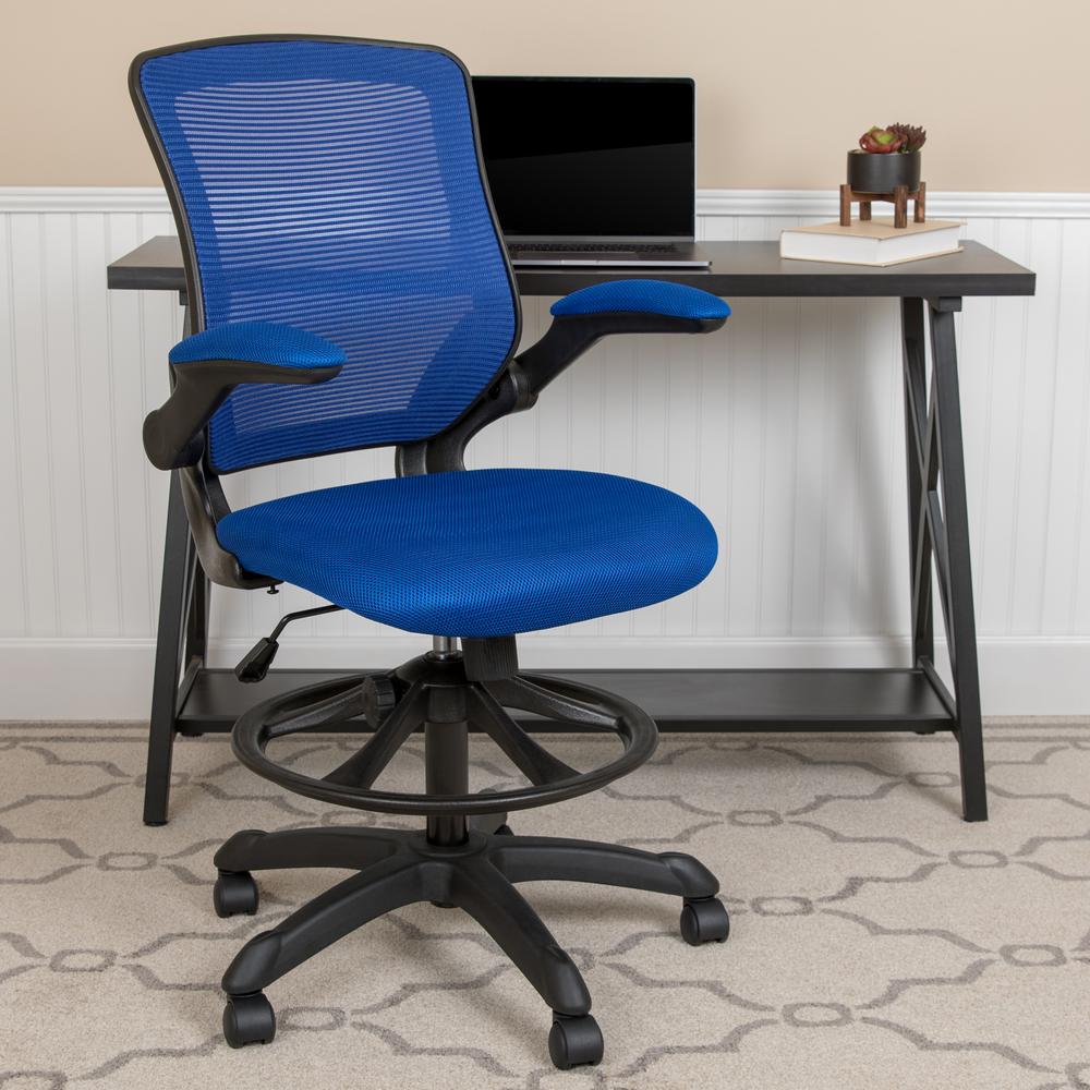 Mid-Back Blue Mesh Ergonomic Drafting Chair with Adjustable Foot Ring and Flip-Up Arms. Picture 11