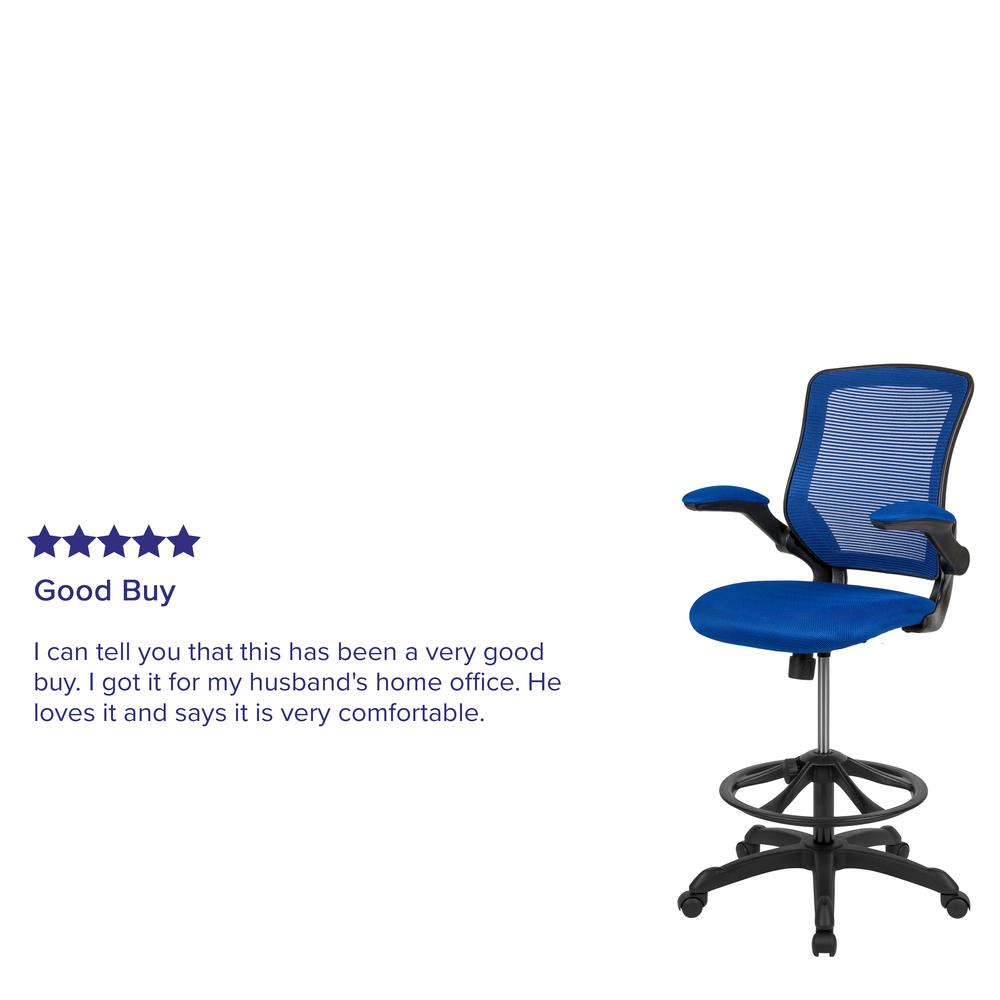 Mid-Back Blue Mesh Ergonomic Drafting Chair with Adjustable Foot Ring and Flip-Up Arms. Picture 12