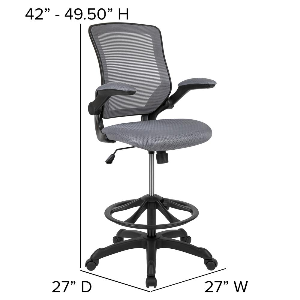 Mid-Back Dark Gray Mesh Ergonomic Drafting Chair with Adjustable Foot Ring and Flip-Up Arms. Picture 2